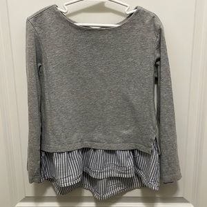 GAP Kids gray/blue/white boat neck l/s t-shirt w/ high/low ruffle at bottom